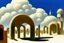 Placeholder: A surreal town with arches and domes, clouds and with long shadows by artist "Berndnaut" and "Leonora Carrington" and "de Chirico"