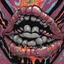 Placeholder: Surreal digital illustration of only a floating mouth that is puking out a psychedelic love spell, spilling from the large pair of cartoonist , overexaggerated lips, manga inspired, absurdist, postmodern, only black and grey color palette, crude, fluid acrylic paint, epoxy resin , acrylic pour, unusual colors, trippy, gross, abstract, pulp fiction art style illustration, realvsx