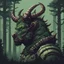 Placeholder: a horned manly beast, calm, darkish, armoured, gears, head photo, side pose, green forest background, retro pixel art