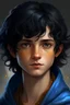 Placeholder: black hair freckles blue eyes young wizard