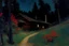 Placeholder: Night, cabin, pine trees, pathway, red flowers, theodore robinson impressionism painting