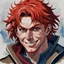 Placeholder: dnd, fantasy, watercolour, portrait, illustration, male, face, determined, happy, red hair, radiating light, stubble