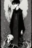 Placeholder: 7 year old boy, necromancer, friendly, looks dead, with weird mushrooms growing out of him, wearing black robes, in the style of Harry Clarke