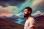 Placeholder: Alex Cross oil painting tufting tapestry high quality double-exposure photo handsome young beard ACTOR, wears Joe Casely-Hayford hipster fashion, artistically blended with a Icelandic Dawn Aurora Borealis mountain beach landscape, austrian symbolism, double exposure, (illusion:1.2), mixture, (blue background:1.2), foreground clouds, (digital art:1.3), make up, impasto art style