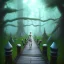 Placeholder: upper body of slender elf on wooden bridge in magical forest, spray painting, fantasy art book illustration