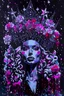 Placeholder: Robyn Lively / Elsa Hosk / Shanina Shaik face morph wearing a thorny crown of black roses and weeping black tears, Halloween, bats, full moon in a nebula sky, neon spray paint, acrylic paint, fantastical surrealist world, in the style of Stephen Gammell, extremely detailed Zentangle style, sick, gothic, eldritch, candles, neon grape purple, dayglo orange, chartreuse green, Halloween