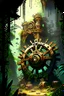 Placeholder: Jungle adventure ruins with huge steampunk gears painterly rpg art