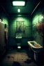 Placeholder: Picture quality of 90's animation. A dimly lit restroom with TRASHTOKYO graffitied on the wall.