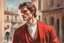 Placeholder: elegant handsome brown haired man in firenze in red costume in sunshine, shading pastel and charcoal