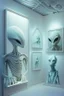 Placeholder: Alien Museum The color of the wall is white and there are more than one painting of aliens