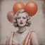 Placeholder: A blond woman with freckles, with a balloon at the circus, 1920s, red, orange, pink
