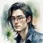 Placeholder: watercolour, large strokes, stylistic, portrait, illustration, dull colours, young, 20-something male, long black hair, brown eyes, has a certain aura of confidence,sharp facial features, slick angular glasses.