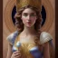 Placeholder: Disney Portrait of Greek Mythology Goddess Athena " with white elegant old greek apparel and Laurel crown.extremely detailed face, ,perfectly centered image,intricate detail.dark hair, sharp dark eyes, bright blue lighting, sarcastic smile, sharp focus hair. alphonse mucha style