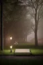 Placeholder: Park at night with lanterns, square bench, and dirt roads, trees, gothic horror films influence, creepy, photography