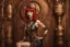 Placeholder: full body shot of a skinny Cleopatra, with a bob red hairstyle, standing in a steampunk setting.