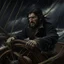 Placeholder: The large angry black haired "Boatsman" at the ships helm on a stormy sea realistic grimdark