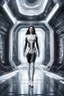 Placeholder: photorealistic slim woman looking like Drusilla with white boots in a heroic pose at the entrance to a spaceship