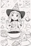 Placeholder: A little girl with a triangular party hat, enjoying a tea party with geometrically shaped cookies and cups. Use triangles for the hat, cookies, and other party decorations. very happy , Colloring page for todlliers ; basic hawali style cartoon , black and white , ink outlines , , smooth , anime style , minimalist , cute eyes , full body , white shose , sketchbook , realistic sketch , free lines , on paper , character sheet , clean line art high detailed