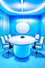 Placeholder: A meeting room with blue walls and a white floor, and the meeting table is oval in shape