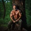 Placeholder: close up photography of an angry ugly 50 years old seated on a tree trunk in the wood in the dark night, strong beefy muscular , big shoulders, manly chest, bulging hunter camouflage trouser , shirtless, hairy , tatoo, 35mm lens, f/1.8,lit by bonfire , global illumination, frontal view from the ground