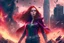 Placeholder: Wanda Maximoff, mulher, jovem, cabelos ruivos, olhos vermelhos, corpo inteiro, fundo cidade destruída, cores brilhantes, de lado destruindo algo com sua magia vermelha, traje da feiticeira escarlate, dramatico, 4k render, imagem cinematográfica. Cores frias,