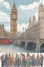 Placeholder: English, step by step. Learning English. The English alphabet is flying around people like a whirlwind. The city of London is in the background. Big Ben and Tower Bridge are visible. High quality 8 K. People are learning English.