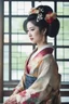 Placeholder: Ultra realistic photo beautiful geisha woman beauty ,one person young adult beautiful woman, sitting, clothing, women adult ,fashion dress, young women, beautiful people, indoors, full length hairstyle , ,smiling ,window looking ,sitting on floor contemplation ,floral pattern , futuristic style, HOF, captured with professional DSLR camera, 64k, ultra detailed,