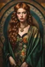 Placeholder: 3/4 lighting, Zoomed in Head and shoulders portrait of a high fashion model with Jewish and Irish ancestry, highly detailed elements including in the style of a Pre-Raphaelite painting.