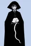 Placeholder: 7 year old boy, necromancer, friendly, looks dead,with a long lamprey emerging from his belly , wearing black robes, in the style of Harry Clarke