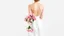 Placeholder: A bride in a white silk wedding dress, back view, facing forward, holding a bouquet of pink roses in her left hand against a white background.