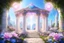 Placeholder: tempio magico in stile ferico con natura e fiori rosa e azzurri e cristalli e gemme in giardino con due colonne di luce e cielo aperto luminoso