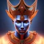 Placeholder: 3D close-up of a king Ramses, high contrast, glowing backlighting, blue and red backlighting, vibrant hair, dark brown eyes, sharp focus, high makeup, face painting, background blur.