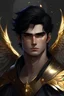 Placeholder: Handsome fallen angel with black hair and blue eyes, wearing a golden crown