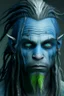 Placeholder: A tieffelin with blue skin and white Dreadlock hair. His pupil-less eyes are green. He wears a small beard.