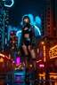 Placeholder: full-body-art of a woman with a bob with a fringe hairstyle, Cleopatra clothing, black knee-high boots, cyberpunk city background