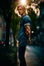 Placeholder: Beautiful man, beautiful face, blond hair, that is standing on a sidewalk, wearing jeans, trending on unsplash, viennese actionism, anamorphic lens flare, dynamic pose, shallow depth of field, dreamlike, nature-inspired, romantic, whimsical, fantasy art,dreamy