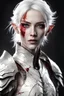 Placeholder: 40 years old, female, left cheek sword wound cut scar, blood splatter on left cheek, scarred left cheek, short messy white hair, full body, pale white skin, half elf, detailed eyes, Vivid colors, intricate details, wearing complex fractal white metalic armor, plated armor, reflective eyes, detailed eyes, Cinematic lighting, Volumetric lighting,Photorealism, Bokeh, Very high detail