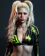 Placeholder: portrait, Shakira, blonde artist, angry, Realistic image, MMA robe, hoodie, mma gloves, loose long hair, eyes, makeup, gold line make up, moisture, sweat, fog, goddess, Neon colors, leds. Black background, photo studio, concept art, smooth, unreal engine 5, god lights, ray tracing, RTX, lumen lighting, ultra detail, volumetric lighting, 3d, finely drawn, high definition, 4k.