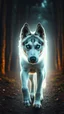 Placeholder: book cover art, a rather skinny, beautiful, gentle-looking light-gray-and-white Alaskan husky with large turquoise eyes is glowing brightly from within with a brilliant, unearthly, magical white light and walking towards the camera in a forest at night, highly detailed, dramatic lighting, wide shot view, long-distance shot, vibrant colors, highly realistic, photorealistic, book-cover-worthy