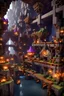 Placeholder: Minecraft voxel styling, large bustling underground dwarven city, large medieval style buildings recessed into walls of cave, multiple layers and exposure to the surface, steampunk machines and steampunk-inspired architecture, copper and purple magic logs building materials, industrial piping and scaffolding, bridges suspended connecting buildings, train tracks and train station on lower level of cavern