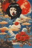 Placeholder: psycho art,cloud in blue sky, a red lip, collage art, shuji terayama, dreamy objects, surreal, criterion collection, showa era, intricate details, mirrormugshot, Planet of the Apes, blue, large, floral designs, atmospheric, beautiful, China Doll, oil painting by Frank Frazetta