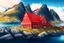 Placeholder: Drawing of the colorful nature of Lofoten Island in Norway, with a characteristic red houses, Ultra Realistic, ultra HD, Very detailed background