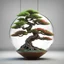 Placeholder: 3D, A bonsai tree with realistic colors inside a glass ball hanging from a tree branch