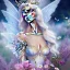 Placeholder: Fantasy cute fairy with wings, smiling, make up, long blond platinum hair, blue eyes, crown, beautiful dress, flowers in background, HQ