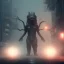 Placeholder: Kaiju, female monster, humanoid bodybuilder, giant, horrorpunk,futuristic, city, smoke, rain, digital illustration, fantasy, architecture, sharp focus, concept art, octane render, scary, 8 k