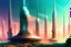 Placeholder: Produce a digital painting of a mosque that appears to levitate above a futuristic city skyline, surrounded by holographic minarets and high-tech architectural features