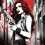 Placeholder: A bold woman with long, cascading brown hair and striking red eyes, exuding a 'bad girl' vibe, confidently holding a gun. She stands in a gritty modern American back alley, surrounded by graffiti-covered walls and dimly lit streetlights. The scene captures an atmosphere of tension and attitude, with shadows casting dramatic effects on her determined expression and stylish outfit.