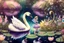 Placeholder: beautiful swan and cute chibi princess in a flowergarden with beautiful flowers, pond, in sunshine, H.R. Giger, anime, steampunk, surreal, watercolor and black in outlines, golden glitter, ethereal, cinematic postprocessing, bokeh, dof