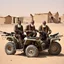 Placeholder: make a picture of 3 poor looking black men in a desert. they are in afghanistan. behind them is a raided village they are holding rifles. they look very very dangerous and have long white beards. they have ak47 rifles. They are sitting on a quad
