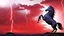 Placeholder: full silhouette of a horse rearing up(on left side, outlined by lighting), cloudy red sky, lightning bolts(from top to bottom left), digital illustration